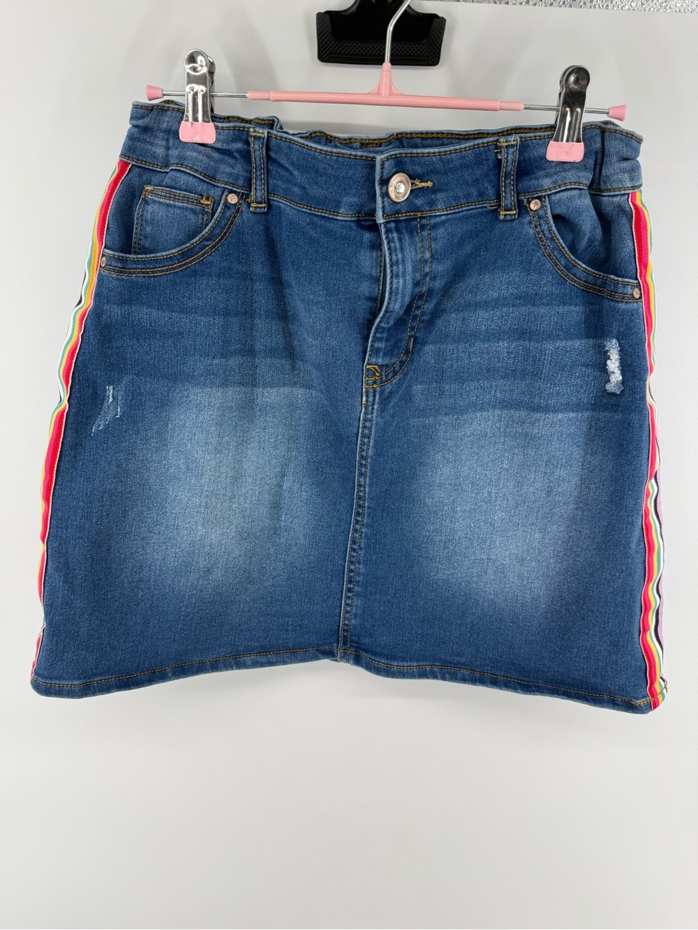 Wonder Nation Blue Denim Mini Skirt with Rainbow Side Stripes Kids XXL (18)